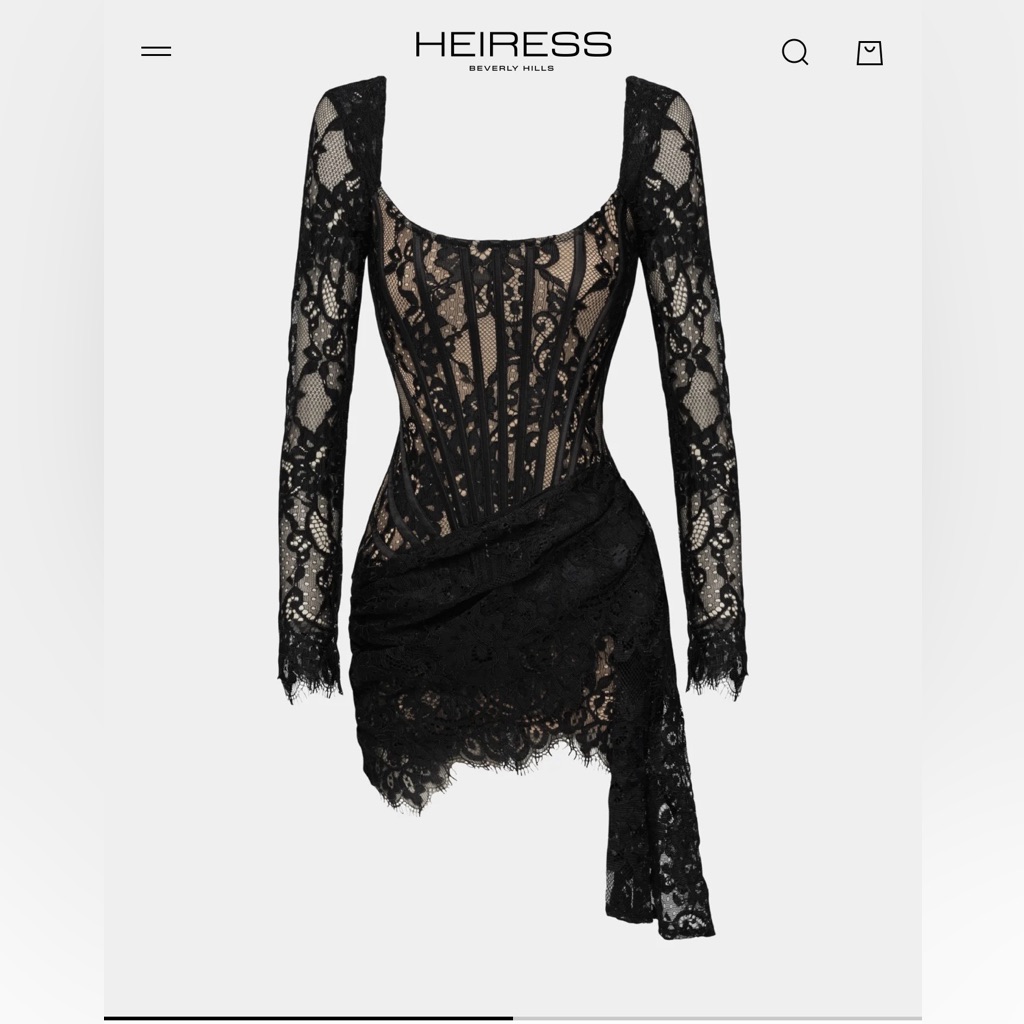Heiress Black Lace Asymmetrical Long-Sleeve Dress With Draped Skirt